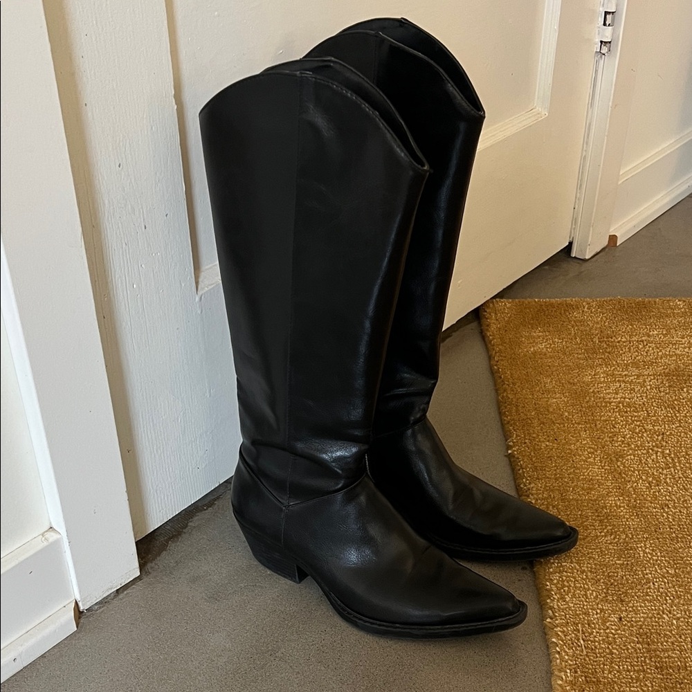 Zara Black Leather Over The Knee Cowboy Boots